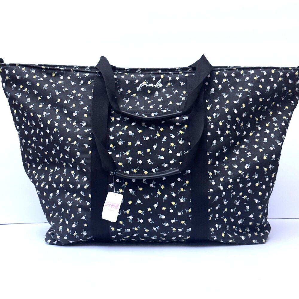 Victoria's Secret PINK Black Floral Travel Bag Tote Weekender Carry On Overnight